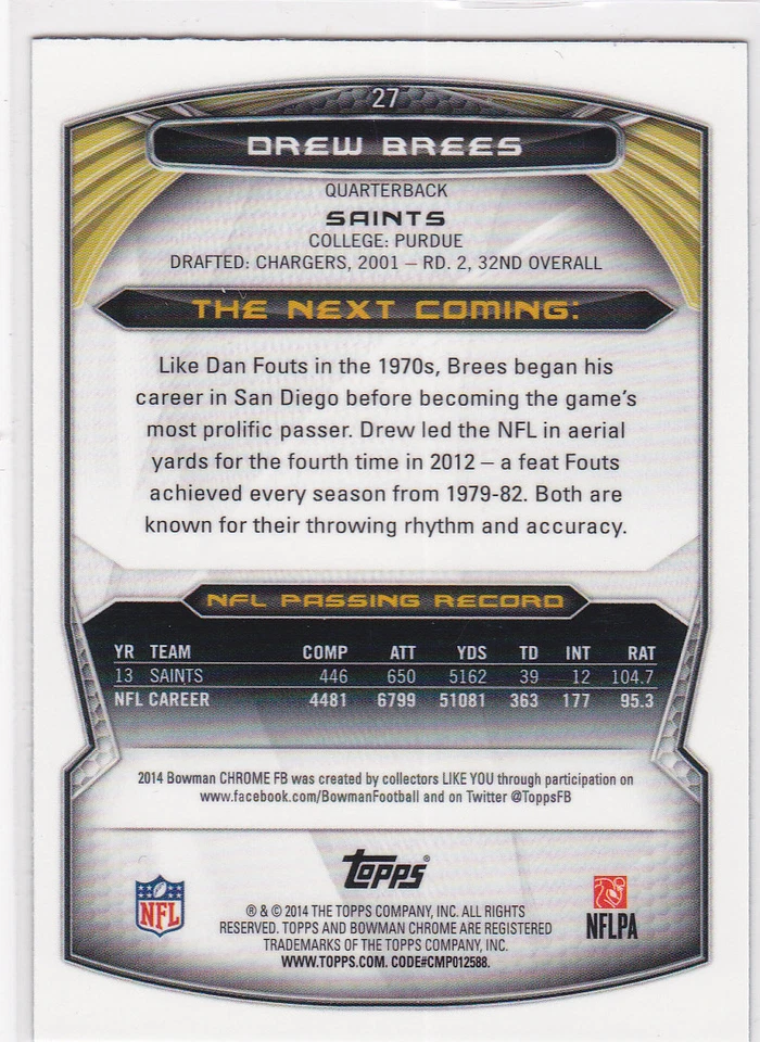 DREW BREES New Orleans Saints 2014 BOWMAN CHROME REFRACTOR Insert Football Card - Image 2 of 2