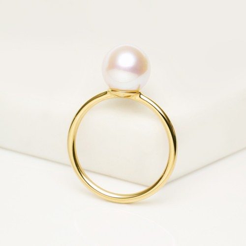 5A Round Champagne 8.5MM Classic Japanese Akoya Pearl Ring 18Kt Yellow Gold,6.5#