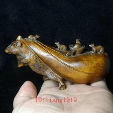 5.2 Inch Old Chinese wood Boxwood carved wealth bag mouse statue Decoration Gift