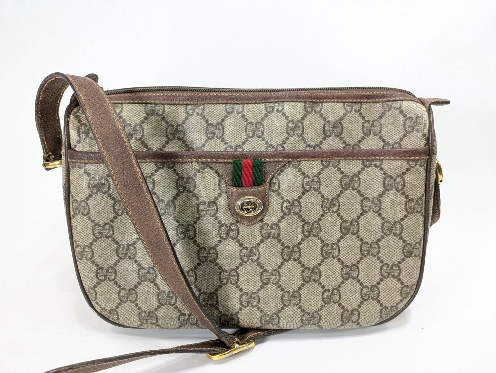 Gucci sac à main bandoulière vintage bandoulière PVC GG marron sherry authentique