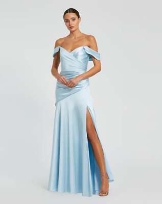 Mac Duggal 56037 Blue Satin Off The Shoulder Crossover Gown Sz 2 NEW