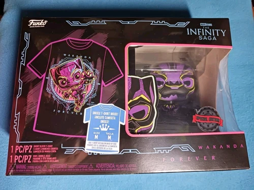Funko Pop SET ☆MARVEL Infinity Saga: BLACKLIGHT BLACK PANTHER #891 & T-Shirt (M)