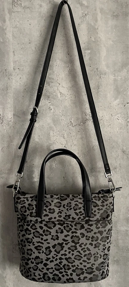 CALVIN KLEIN Lina Convertible Tote Crossbody Gray/Blk Leopard Canvas Leather Bag - Image 4 of 4