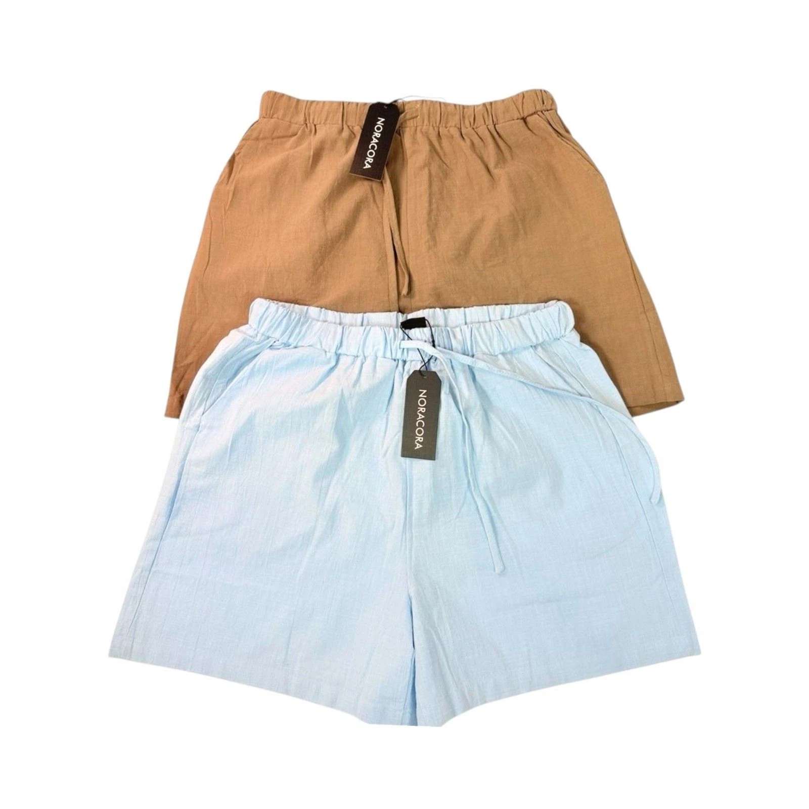 BUNDLE of 2 Noracora NWT Cotton Linen Tan Blue Shorts Pockets Womens L