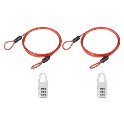 2 Set 0.1 Inch 3.28 ft Safety Cable Wire with Anti-lost Combination Lock, Red