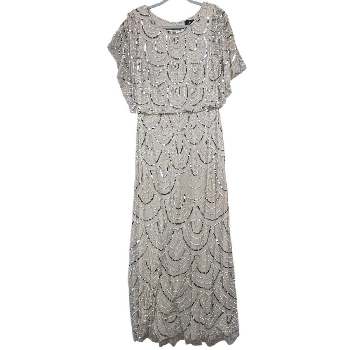 Adrianna Papell Dress Womens 12 Beige Beaded Mesh Blouson Maxi Formal Gown  | eBay