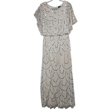 Adrianna Papell Dress Womens 12 Beige Beaded Mesh Blouson Maxi Formal Gown