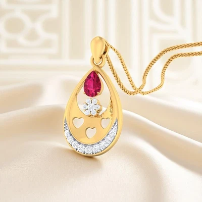 Pave 1,10 Cts F/VS1 Runder Brillant Natürlich Diamanten Rubin Halskette 14K Gold - Bild 1 von 4