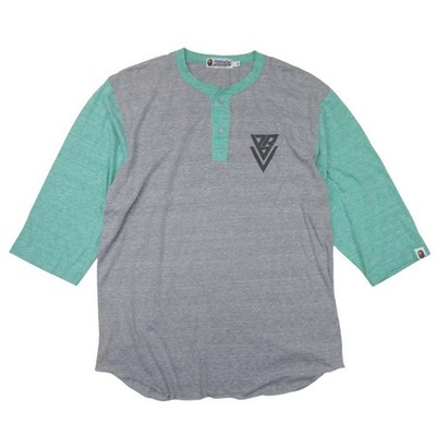 A Bathing Ape Bape Henley Neck 3/4 Sleeve Logo TShirt Men XL Gray Green