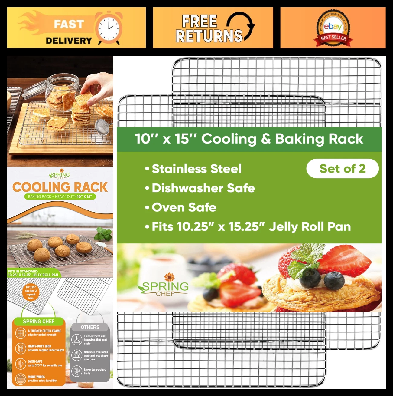 Stainless Steel Cooling Racks 10"x15" - Oven Safe Cookie Racks for Baking, Grill