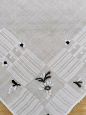 Vgt White Batiste Black  White Embroidery Hankie Handkerchief