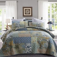 California King Quilt Set Bohemian Farmhouse Patchwork Floral Pattern Reversible