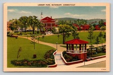 Library Park Waterbury CT Linen Postcard Gazebo Trees American Art Post Card Co.