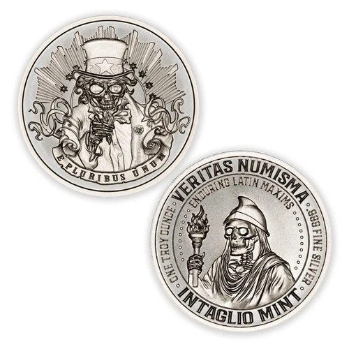 ENDURING LATIN MAXIMS - E PLURIBUS UNUM - DEATH SKULL - 1 oz .999 Fine BU SILVER