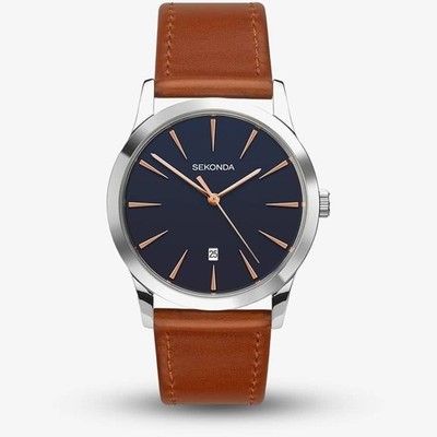 Herren Smart Neu Sekonda Blau & Rose Zifferblatt Hellbraun Armband 38mm Datum Uhr 1559