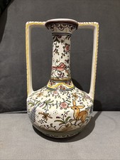 Vintage Filcer Hand Painted Vase Portugese Folk Art Twin Handle Pottery Signed