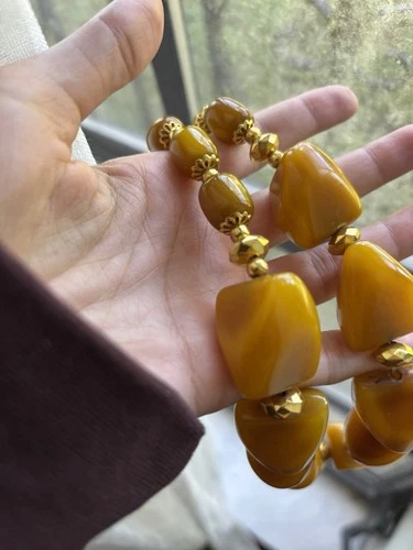 Butterscotch Bakelite Clay Brass Beads Necklace antique lady jewelry vintage