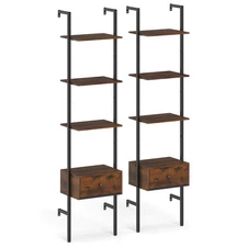 2 PCS 5-Tier Bookshelf with Drawer 70" Wall Mount Ladder Bookcase with Metal