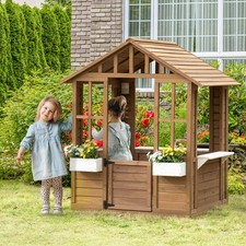 Maison de jeu extérieure en bois pour enfants, avec porte fenêtres porte pot de fleurs, marron