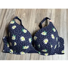 Cacique Boost Plunge Bra 44DD Navy Blue Daisy Polka Dot Floral Underwire Padded