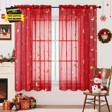 Christmas Red Semi Sheer Curtains for Kids Room Nursery 63 Inch Length, Red and
