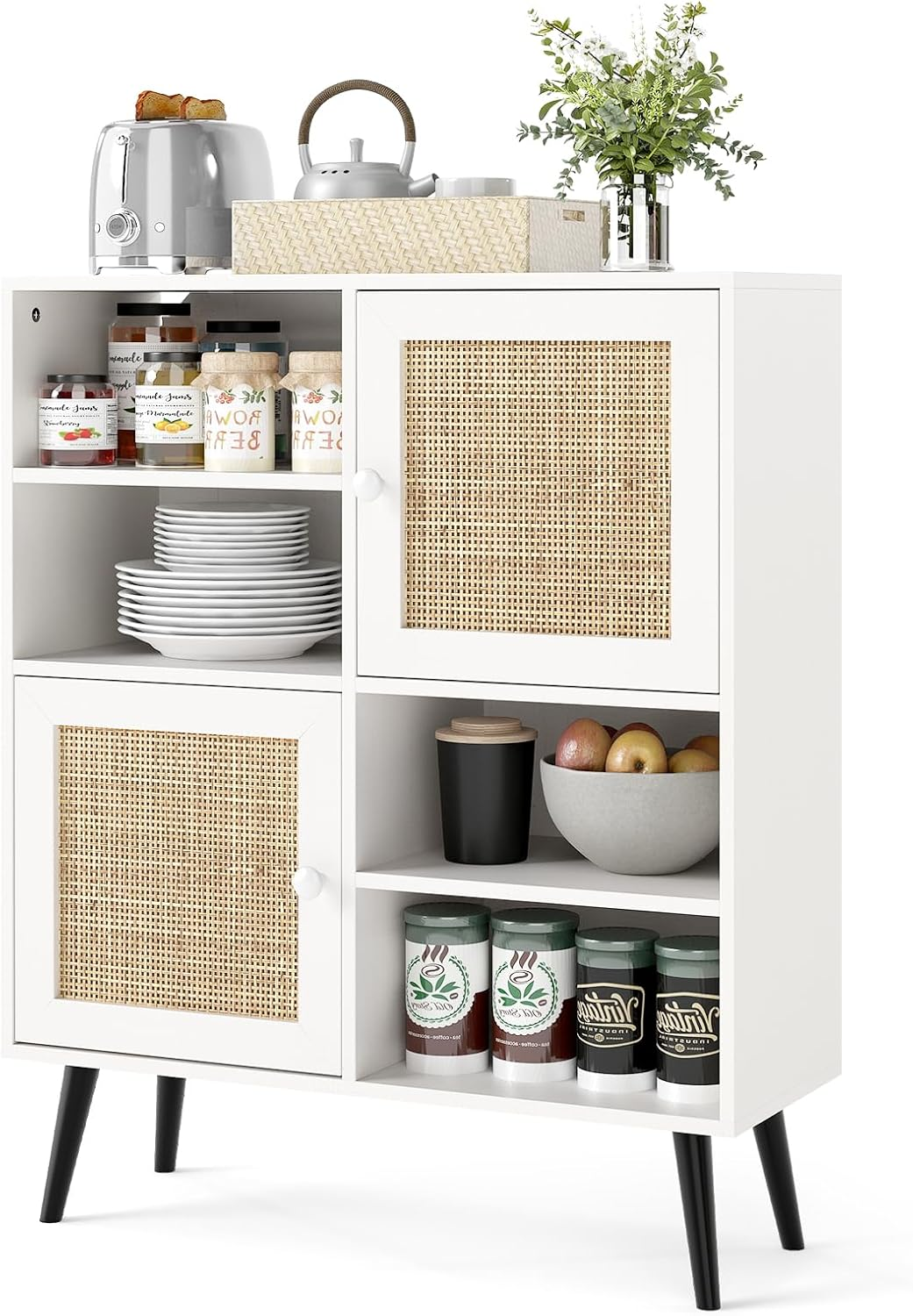 Rattan Sideboard 80cm 2 Door 4 Shelf Storage Cabinet Organizer Boho White Wood