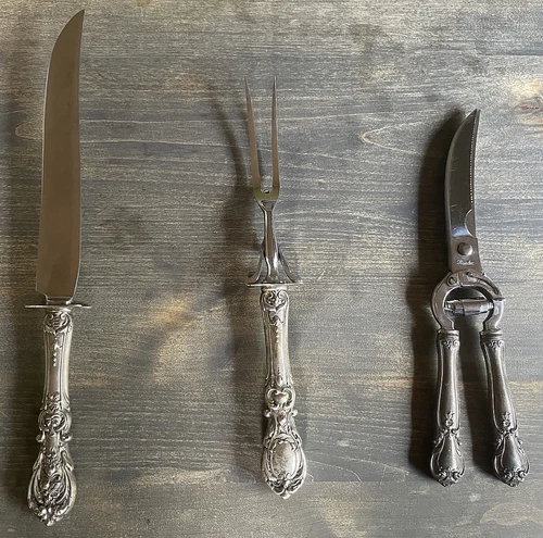 13 ¾” Reed & Barton Francis I Carving Set + Poultry Shears, Sterling Handles