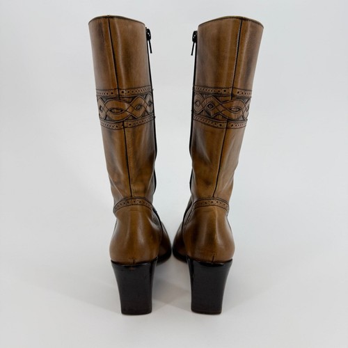 Via Spiga Women's Size 7 Brown Leather Embroidered Side Zip Stacked Heel Boot - Picture 6 of 12