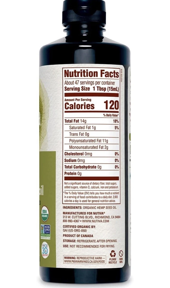 Nutiva Organic Hemp Seed Oil Cold-Pressed Omega 3 Unrefined NONE GMO Fresh 24oz - Image 3 of 4