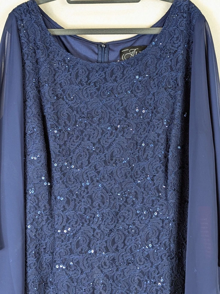 Alex Evenings Plus Size 22W Lace Cape Sleeve Sheath Blue Cocktail Event Dress - Image 3 of 4