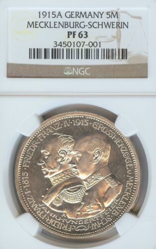 Niemieckie stany Meklemburgia-Schwerin 1915 5 marek moneta talar talar NGC pf 63 - Zdjęcie 1 z 3