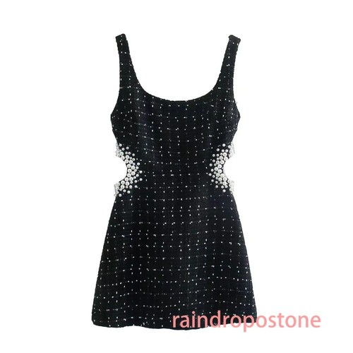 Women's Retro Tweed Black Sleeveless Cutout Dress Pearl Mini Dress Fashion - Picture 7 of 21