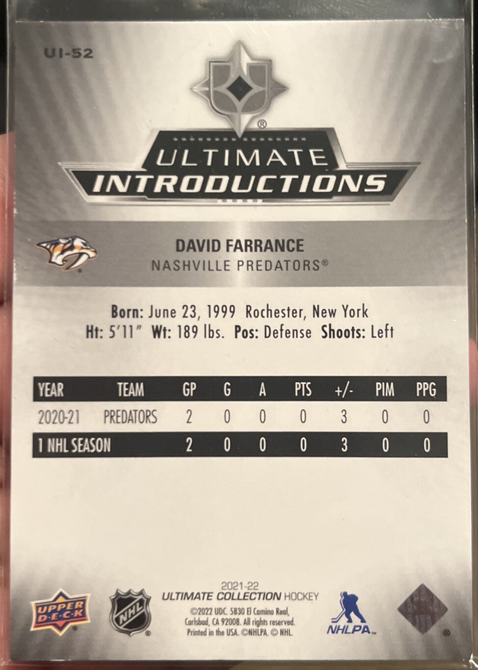 2021/22 Upper Deck Ultimate Introductions David Farrance Rookie RC #UI ...