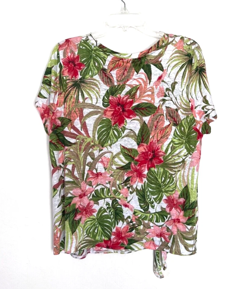 J Jill 女式 Large Love 100% 亚麻 T 恤绿色热带花卉印花休闲 — 第 2/4 张图片