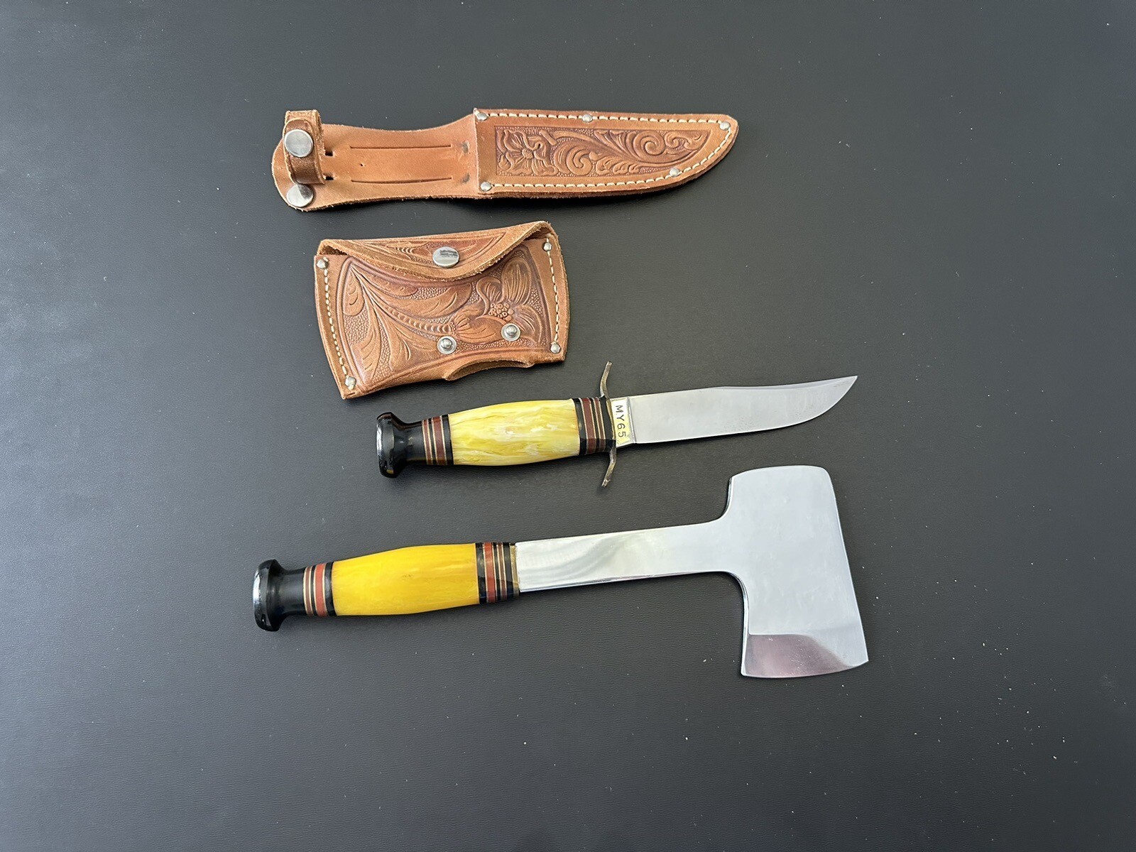 Vintage, Kinfolks Yellow Marblette, Hatchet & Hunting Knife Set, Case eBay