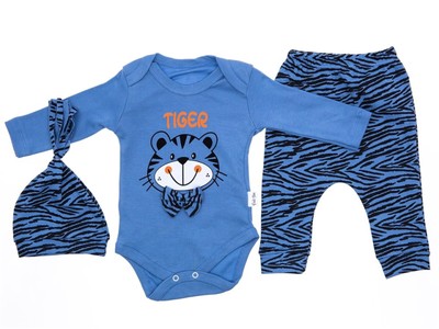Jungen Outfit, 3er Set, Body+Hose+Mütze, blau, grün, Baumwolle Größe: 62, 68, 74
