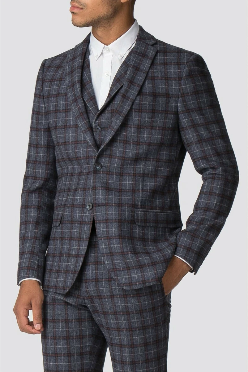 Q610 Limehaus Mens Blue Burgundy Check Slim Fit Suit Jacket Blazer