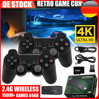 HDMI Wireless 4K 15000+Spiele TV Stick 64GB +2 Gamepad Videospielkonsole Retro