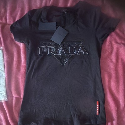 PRADA T-Shirt Schwarz Logo-Print Baumwolle Kurzarm Rundhals Herren Gr. S
