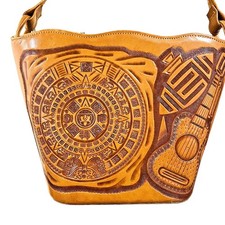 Hand Tooled Tan Leather Bag Purse 1970's Mexico Aztec Mayan Vintage Shoulderbag
