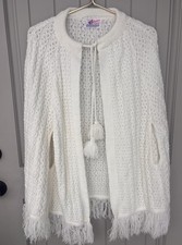 Vintage Knit Poncho Womens Ivory Fringe Button Front Cape Orlon 70s Boho Gypsy