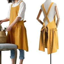 Japanese Cotton Cross Back Pinafore Apron for Women with Pockets Mustard