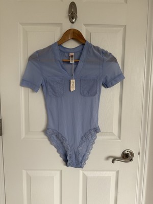 NWT We Are Hot As Hell HAH Sheer Tshirt Body Suit With Pocket Lace Size XS Blue