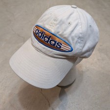 VTG 90s Adidas Beige Baseball Cap with Orange Blue Logo Strap Back Flaw