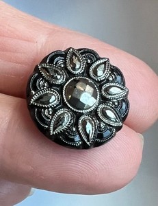 Vintage black glass button w/silver luster ~"Sunflower"~18mm~A2