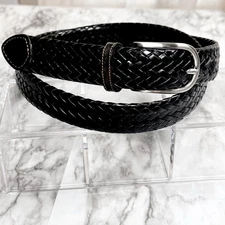 Perry Ellis Portfolio Black Leather Belt Mens 42 Silver Buckle Woven Braided