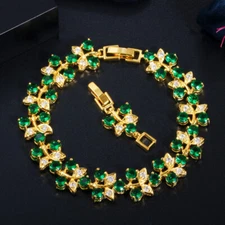 Gold Plated Green Cubic Zirconia Leaf Bangle Bracelet Women Brides Party Jewelry