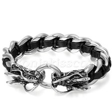 Men's Stainless Steel Braided Genuine Leather Strap Dragon Curb Chain Bracelet