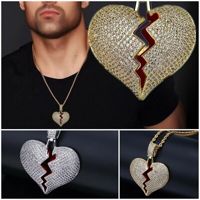 Hip Hop Jewelry Crystal Gold or Silver Color Broken Heart Pendant Necklace 