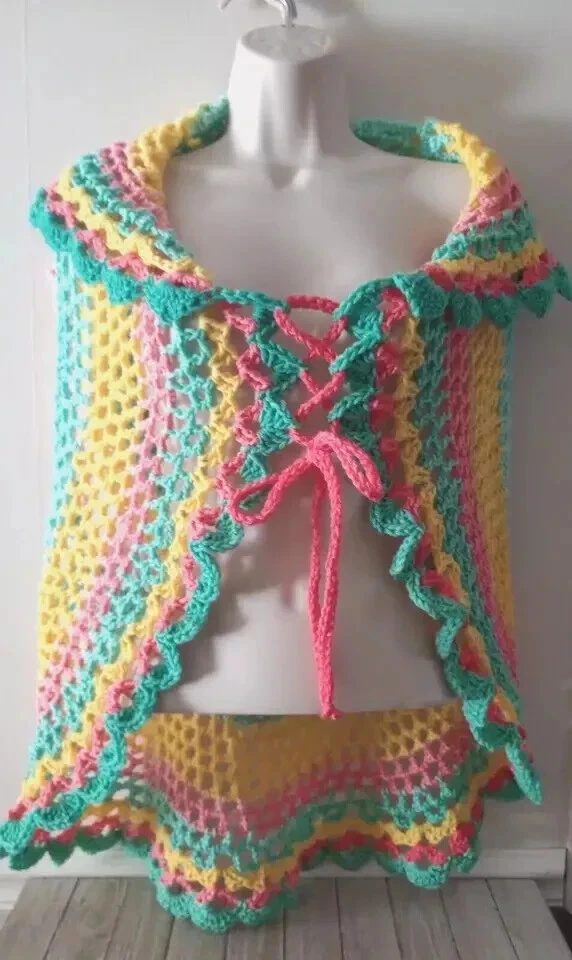 crochet womans handmade boho top vest festival shrug plus xl/1x retro ombre new - Image 3 of 3